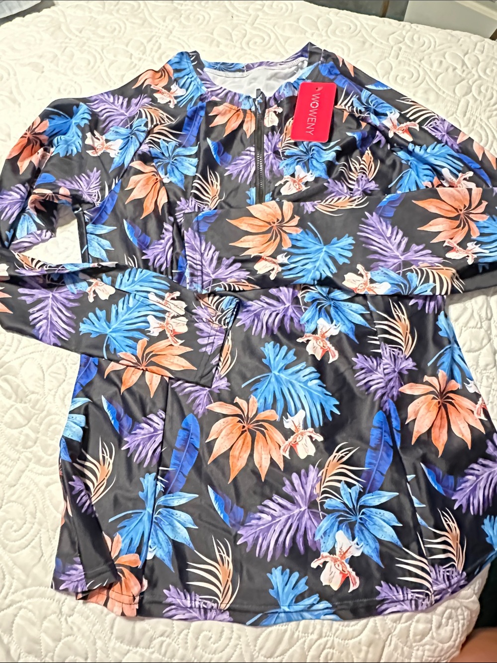 Women' Floral Zip-Front Swim Coverup in Black with Blue & Peach Print